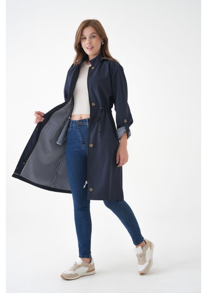 Lacivert Rüzgar ve Su Geçirmez Çıkarılabilir Kapüşonlu Beli Tünelli Bondit Kumaş Trençkot fiyatları