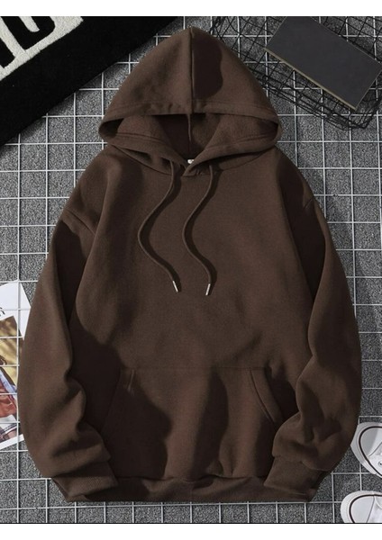 Unisex Kahverengi Kapüşonlu Sweatshirt