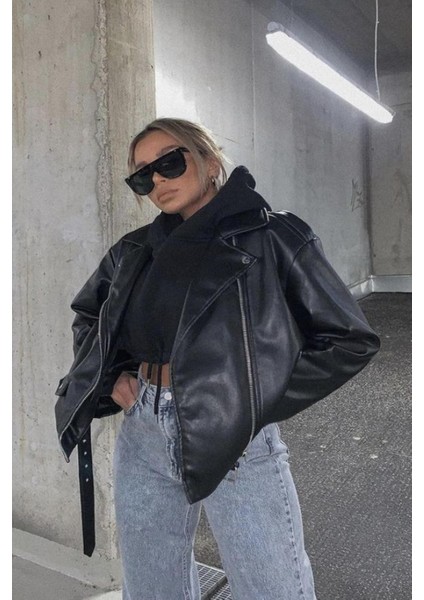 Yeni Sezon Oversize Uzun Kadın Siyah Deri Ceket modelleri