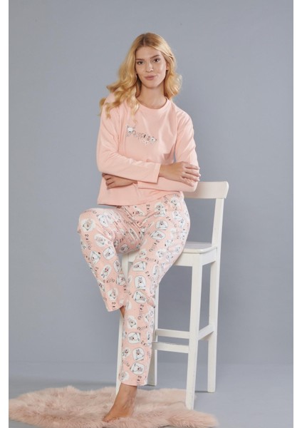 Kadın Pamuk Sevimli Desen Uzun Kollu Kışlık Pijama Takımı 09-275
