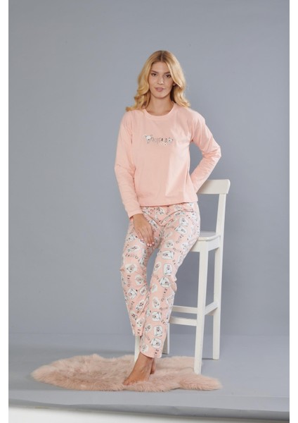 Kadın Pamuk Sevimli Desen Uzun Kollu Kışlık Pijama Takımı 09-275 fiyatları