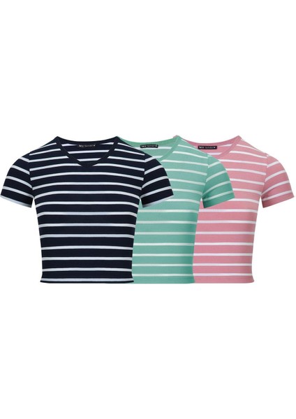 Kadın 3'lü Paket Kısa Kollu V Yaka Crop