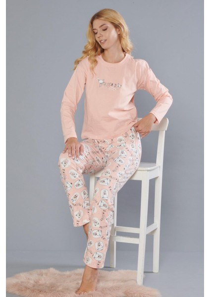 Kadın Pamuk Sevimli Desen Uzun Kollu Kışlık Pijama Takımı 09-275 modelleri