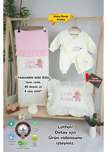 Müslin Yeni Doğan 4katlı Organik %100PAMUK Kişiye Özgü Nakışlı Hastane Çıkış Seti-Tavşan Model-1