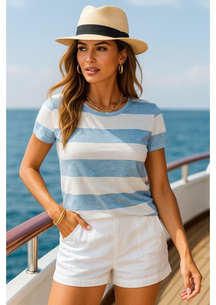 Kadın Mavi Beyaz Çizgili %100 Pamuk Bisiklet Yaka Tişört - Rahat Kesim Kısa Kollu Basic T-Shirt fiyatları