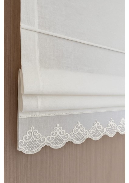 Katlamalı Tül Perde – Krem Keten Zemin Altı Dantelli Mekanizmalı Perde