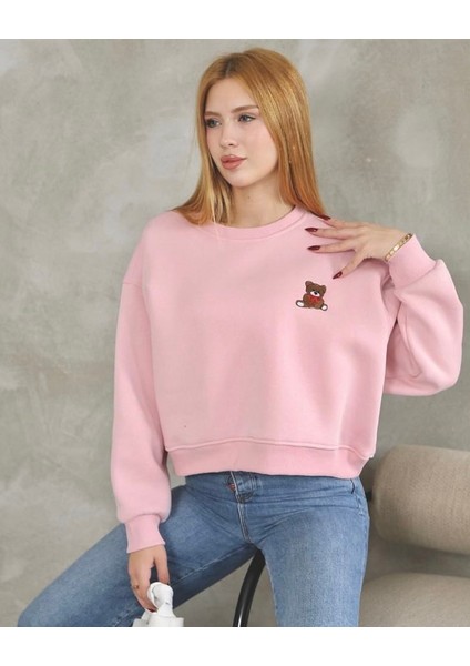 Teddy Nakışlı Şardonlu Kalın Sweatshirt