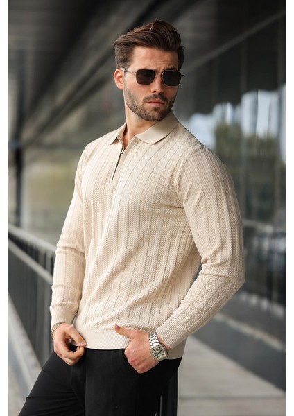 Taş Rengi Yarım Fermuarlı Polo Yaka Triko Kazak E7426 fiyatları