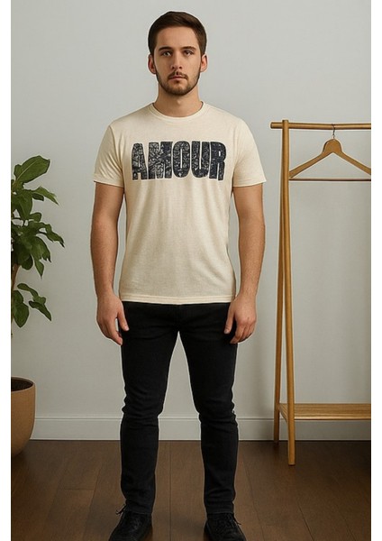 Erkek Ekru Amour Yazı Baskılı Bisiklet Yaka Tişört