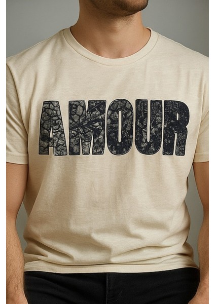 Erkek Ekru Amour Yazı Baskılı Bisiklet Yaka Tişört fiyatları