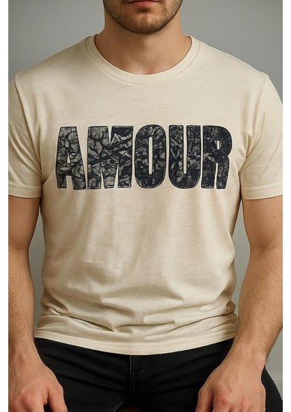 Erkek Ekru Amour Yazı Baskılı Bisiklet Yaka Tişört modelleri
