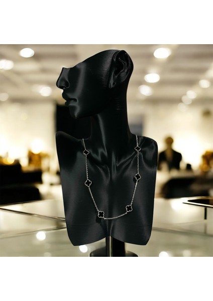 925 Ayar Gümüş Siyah Taşlı Şans Yoncası Van Cleef Kolye Kadın