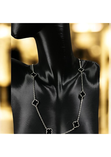 925 Ayar Gümüş Siyah Taşlı Şans Yoncası Van Cleef Kolye Kadın modelleri