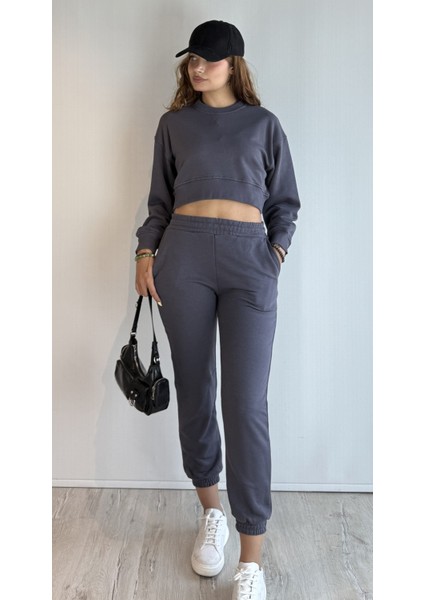 Kadın Bisiklet Yaka Uzun Kollu Crop Top Sweatshirt Eşofman Takımı