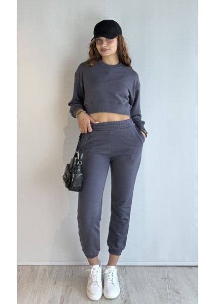 Kadın Bisiklet Yaka Uzun Kollu Crop Top Sweatshirt Eşofman Takımı fiyatları