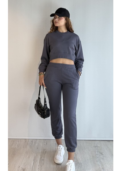 Kadın Bisiklet Yaka Uzun Kollu Crop Top Sweatshirt Eşofman Takımı fırsatları