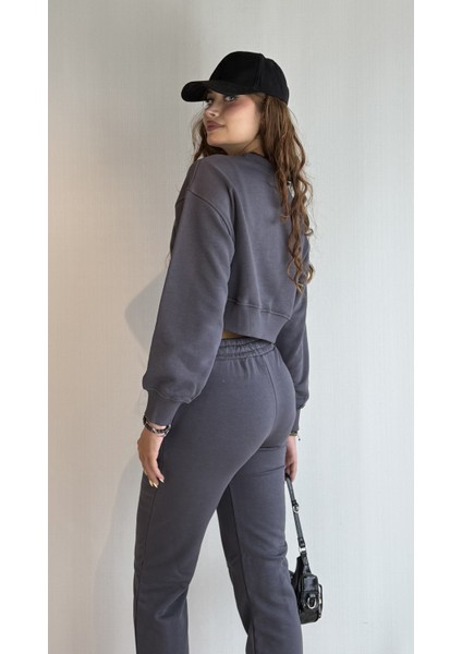 Kadın Bisiklet Yaka Uzun Kollu Crop Top Sweatshirt Eşofman Takımı indirimleri