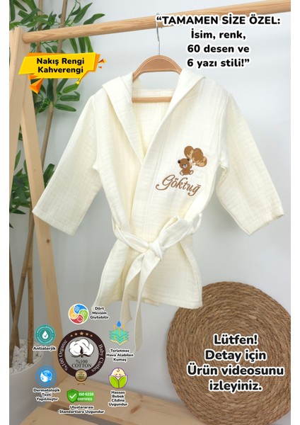 Müslin Yeni Doğan 4katlı Organik %100PAMUK Kişiye Özgü Nakışlı 0-2 Yaş Bornoz (Ayıcıklı)
