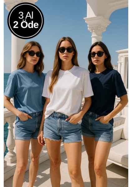Kadın 3'lü Paket Lacivert-Mavi-Beyaz %100 Pamuk Oversize Basic Tişört Bisiklet Yaka Relaxed T-Shirt