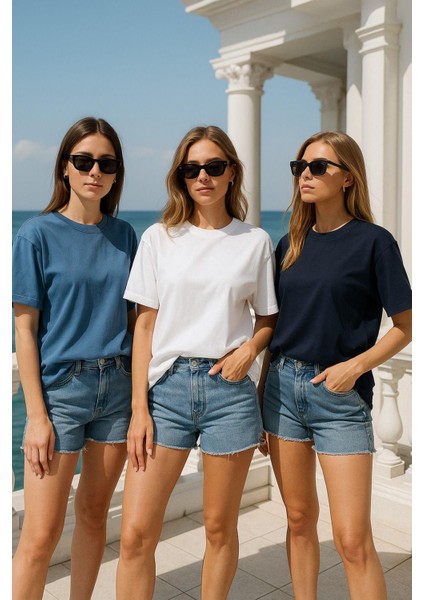 Kadın 3'lü Paket Lacivert-Mavi-Beyaz %100 Pamuk Oversize Basic Tişört Bisiklet Yaka Relaxed T-Shirt fiyatları