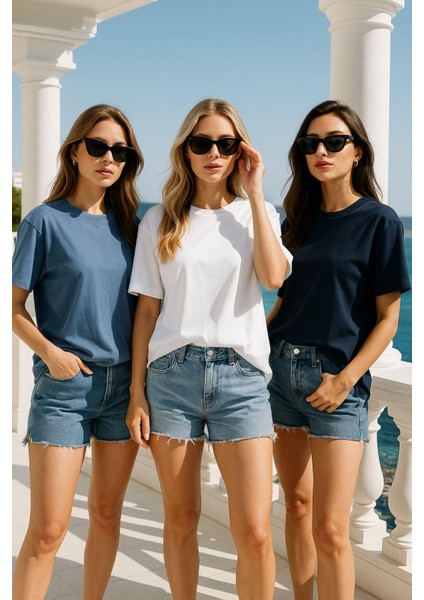 Kadın 3'lü Paket Lacivert-Mavi-Beyaz %100 Pamuk Oversize Basic Tişört Bisiklet Yaka Relaxed T-Shirt modelleri