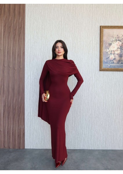 Şal Yaka Omuz Büzgülü Elbise