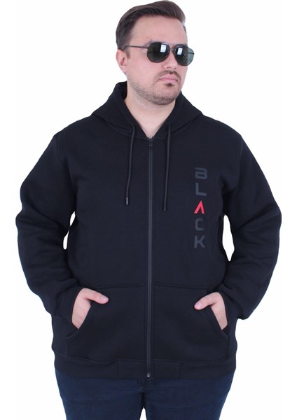 Mocgrande Büyük Beden Kapüşonlu Fermuarlı 3ip Sweat Black 25716 Sıyah