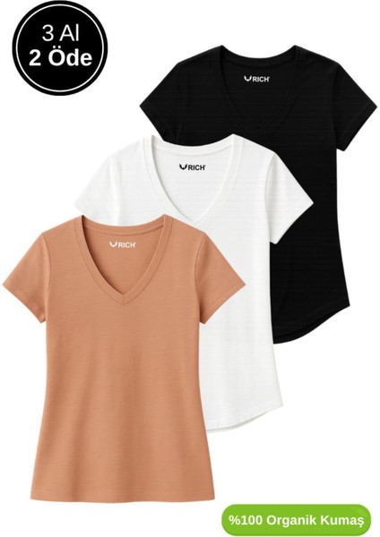 Kadın 3'lü Paket Siyah-Beyaz-Kahverengi %100 Organik Pamuk Normal Kesim Tişört V Yaka T-Shirt