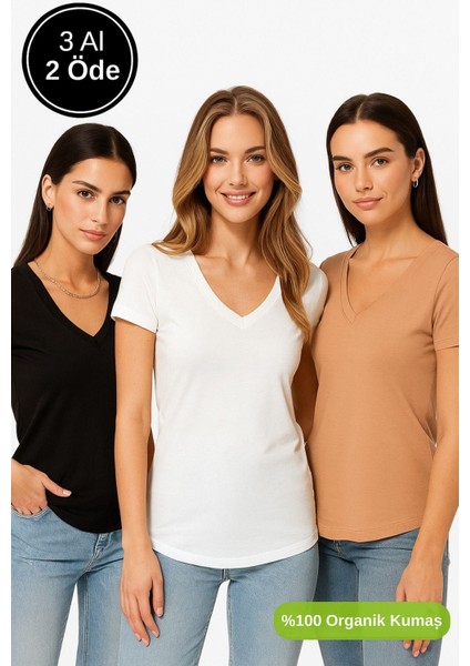 Kadın 3'lü Paket Siyah-Beyaz-Kahverengi %100 Organik Pamuk Normal Kesim Tişört V Yaka T-Shirt fiyatları