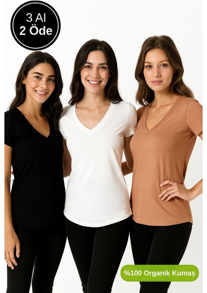Kadın 3'lü Paket Siyah-Beyaz-Kahverengi %100 Organik Pamuk Normal Kesim Tişört V Yaka T-Shirt modelleri