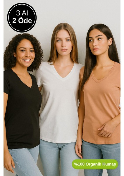 Kadın 3'lü Paket Siyah-Beyaz-Kahverengi %100 Organik Pamuk Normal Kesim Tişört V Yaka T-Shirt indirimleri