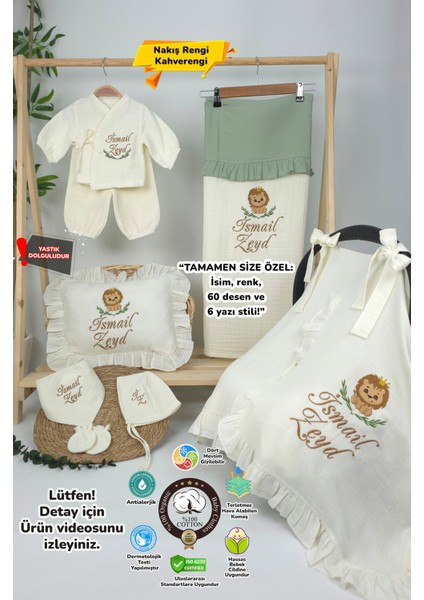 Müslin Yeni Doğan 4katlı Organik %100PAMUK Kişiye Özgü Nakışlı Hastane Çıkış Seti (Aslan Model-2)
