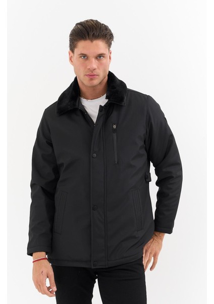 Erkek Siyah Yakası Çıkartılabilir Kürklü Su Itici Içi Kürklü Kaban – Rüzgar Geçirmez, Hafif ve dayanıklı