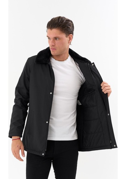 Erkek Siyah Yakası Çıkartılabilir Kürklü Su Itici Içi Kürklü Kaban – Rüzgar Geçirmez, Hafif ve dayanıklı fırsatları