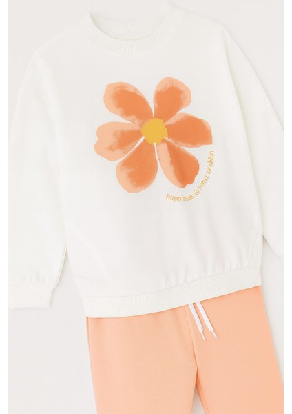 Kız Çocuk Sweatshirt ve Eşofman Takımı Şeftali Renk – Çiçek Desenli, Mevsimlik Rahat Kumaş | Kr Kids Boutique modelleri