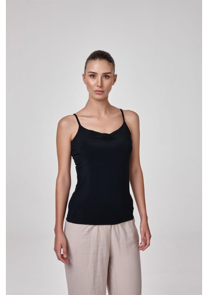 Kadın Siyah Ince Askılı Modal Drapeli Atlet C5T0N5O2