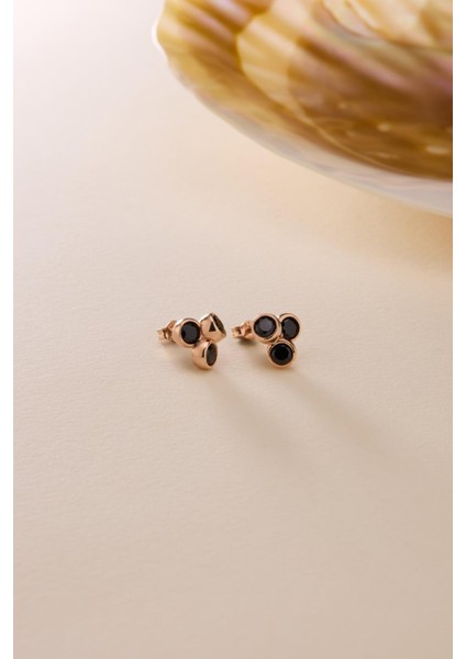 925 Ayar Gümüş Rose Kaplama Pırlanta Model 3'lü Siyah Taşlı Küpe