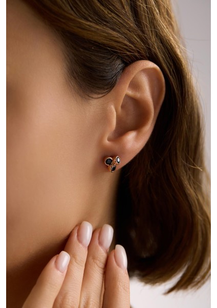 925 Ayar Gümüş Rose Kaplama Pırlanta Model 3'lü Siyah Taşlı Küpe modelleri