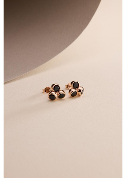 925 Ayar Gümüş Rose Kaplama Pırlanta Model 3'lü Siyah Taşlı Küpe fırsatları