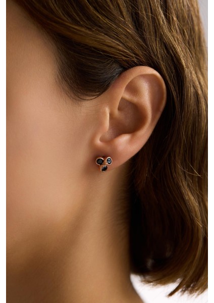 925 Ayar Gümüş Rose Kaplama Pırlanta Model 3'lü Siyah Taşlı Küpe indirimleri