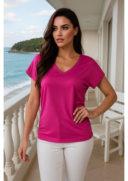 Kadın Pembe Viskon V Yakalı T-Shirt Kısa Kol Rahat Kesim Bluz