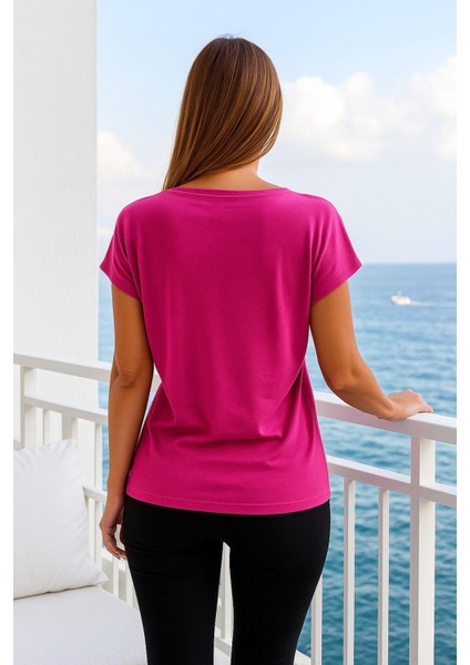 Kadın Pembe Viskon V Yakalı T-Shirt Kısa Kol Rahat Kesim Bluz indirimleri