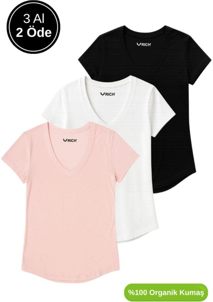 Kadın 3'lü Paket Siyah-Beyaz-Pudra %100 Organik Pamuk Normal Kesim Tişört V Yaka T-Shirt