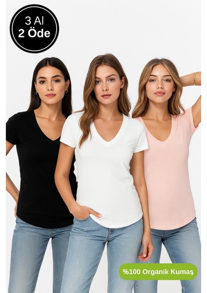 Kadın 3'lü Paket Siyah-Beyaz-Pudra %100 Organik Pamuk Normal Kesim Tişört V Yaka T-Shirt fiyatları