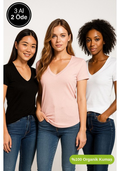 Kadın 3'lü Paket Siyah-Beyaz-Pudra %100 Organik Pamuk Normal Kesim Tişört V Yaka T-Shirt fırsatları