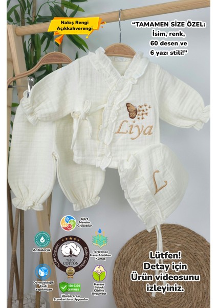 Müslin Yeni Doğan 4katlı Organik %100PAMUK Kişiye Özgü Nakışlı Hastane Çıkış Seti-Çoklu Kelebek-2
