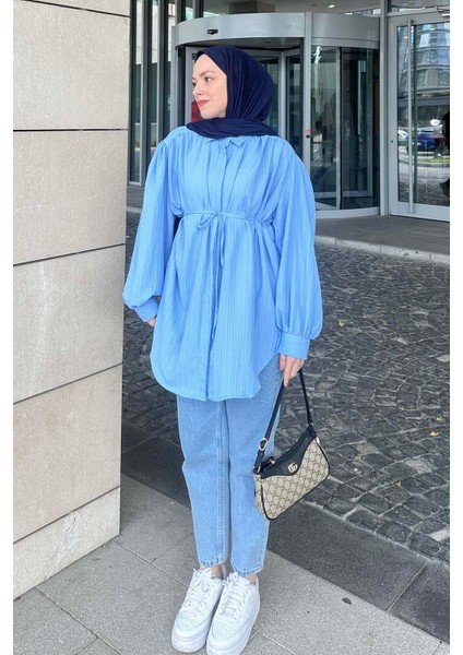 Gizli Düğme Kapama Tunik Gömlek Mavi