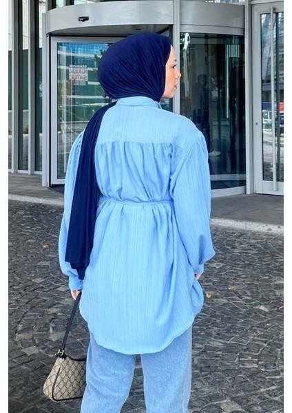 Gizli Düğme Kapama Tunik Gömlek Mavi fırsatları