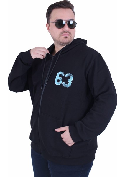 Büyük Beden Kapüşonlu Sweat Double Face Sixty Three 25704 Sıyah