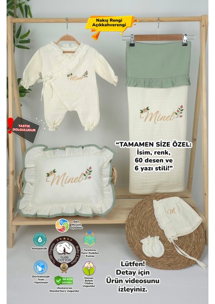 Müslin Yeni Doğan 4katlı Organik %100PAMUK Kişiye Özgü Nakışlı Hastane Çıkış Seti (Güllü Model-4)
